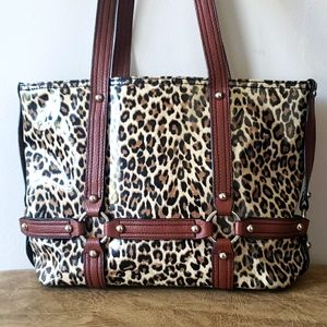 Maxx New York Leopard PVC Print Tote Shoulder Bag Brown Cream‎ Tan Trim
